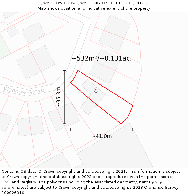 8, WADDOW GROVE, WADDINGTON, CLITHEROE, BB7 3JL: Plot and title map
