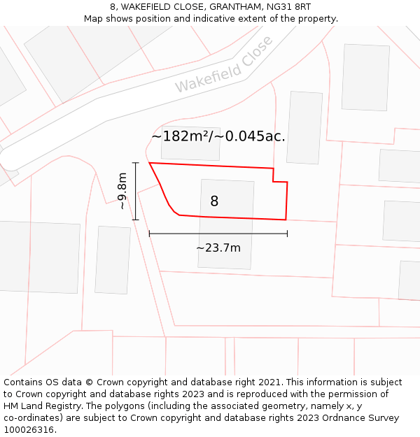 8, WAKEFIELD CLOSE, GRANTHAM, NG31 8RT: Plot and title map