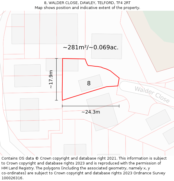 8, WALDER CLOSE, DAWLEY, TELFORD, TF4 2RT: Plot and title map