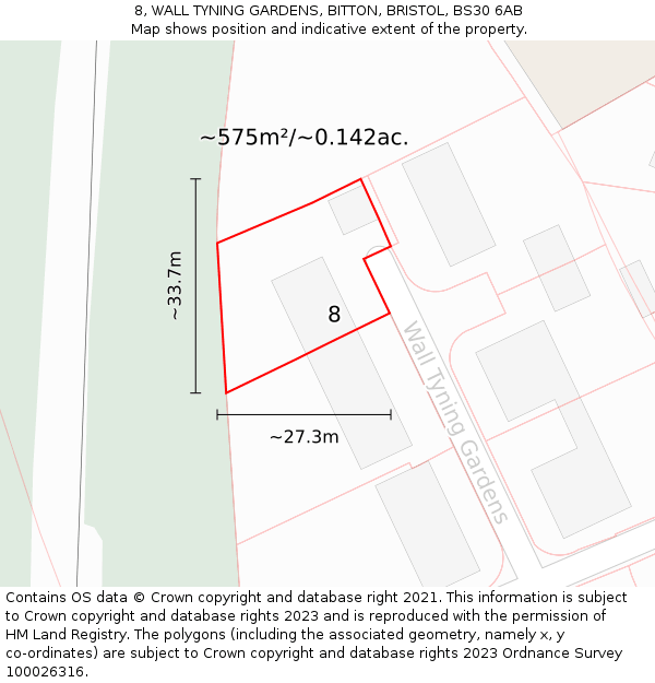 8, WALL TYNING GARDENS, BITTON, BRISTOL, BS30 6AB: Plot and title map