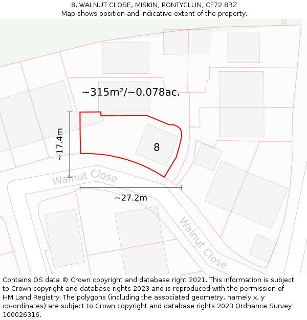 8, WALNUT CLOSE, MISKIN, PONTYCLUN, CF72 8RZ: Plot and title map