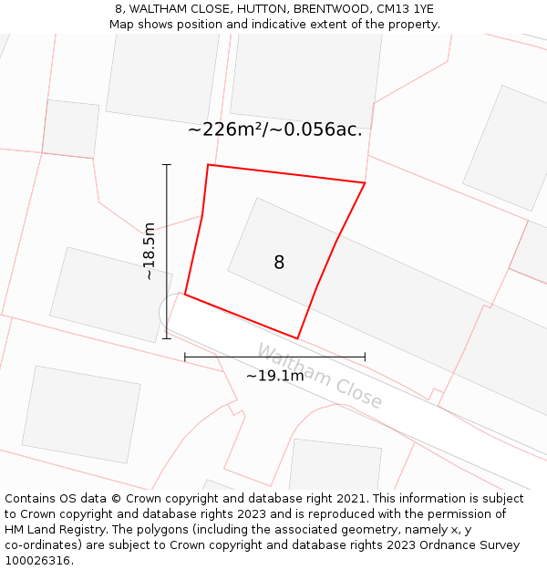 8, WALTHAM CLOSE, HUTTON, BRENTWOOD, CM13 1YE: Plot and title map