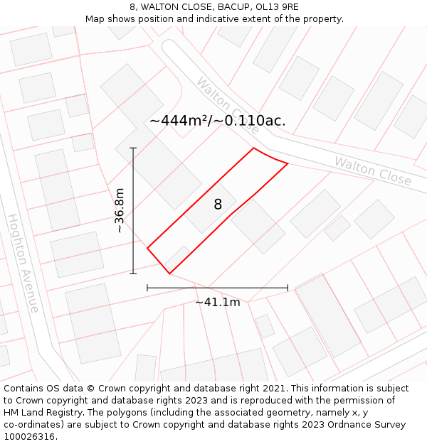 8, WALTON CLOSE, BACUP, OL13 9RE: Plot and title map