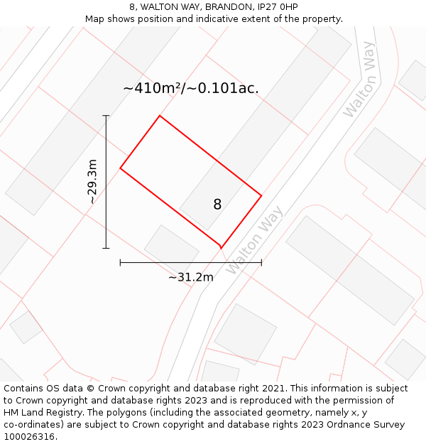 8, WALTON WAY, BRANDON, IP27 0HP: Plot and title map