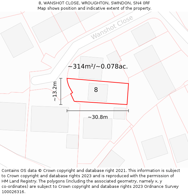 8, WANSHOT CLOSE, WROUGHTON, SWINDON, SN4 0RF: Plot and title map