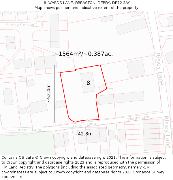 8, WARDS LANE, BREASTON, DERBY, DE72 3AY: Plot and title map