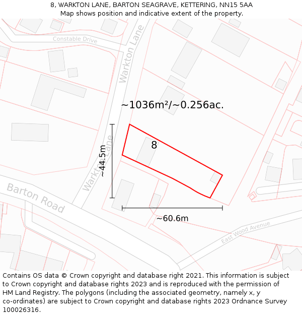 8, WARKTON LANE, BARTON SEAGRAVE, KETTERING, NN15 5AA: Plot and title map