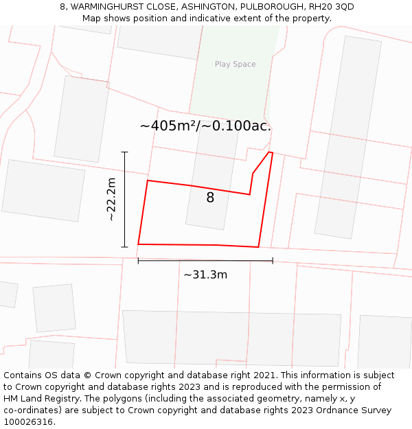 8, WARMINGHURST CLOSE, ASHINGTON, PULBOROUGH, RH20 3QD: Plot and title map