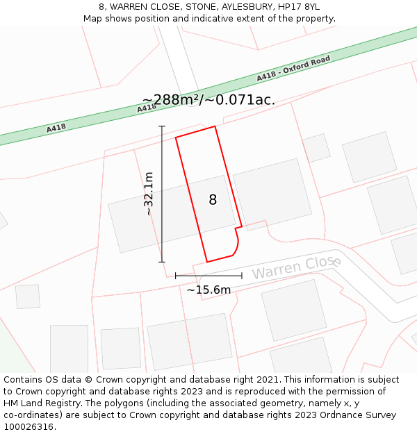 8, WARREN CLOSE, STONE, AYLESBURY, HP17 8YL: Plot and title map