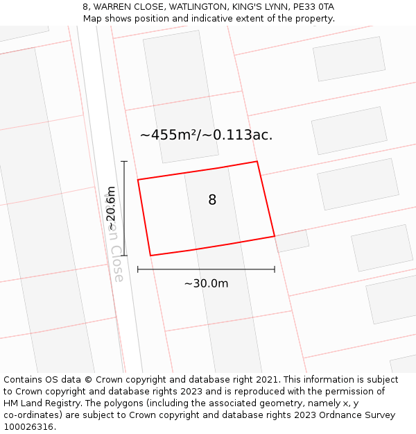 8, WARREN CLOSE, WATLINGTON, KING'S LYNN, PE33 0TA: Plot and title map