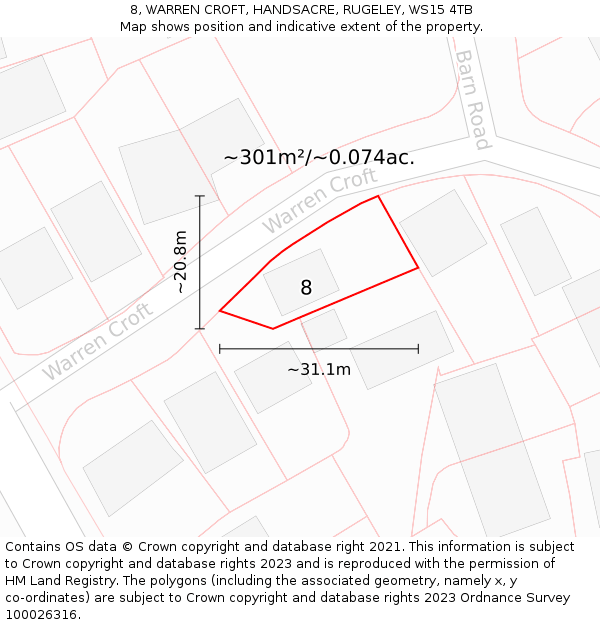 8, WARREN CROFT, HANDSACRE, RUGELEY, WS15 4TB: Plot and title map