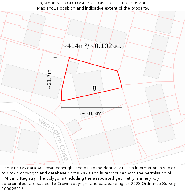 8, WARRINGTON CLOSE, SUTTON COLDFIELD, B76 2BL: Plot and title map