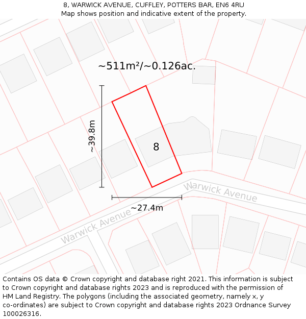 8, WARWICK AVENUE, CUFFLEY, POTTERS BAR, EN6 4RU: Plot and title map