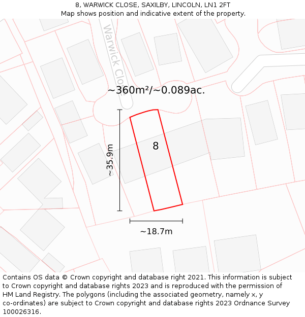 8, WARWICK CLOSE, SAXILBY, LINCOLN, LN1 2FT: Plot and title map