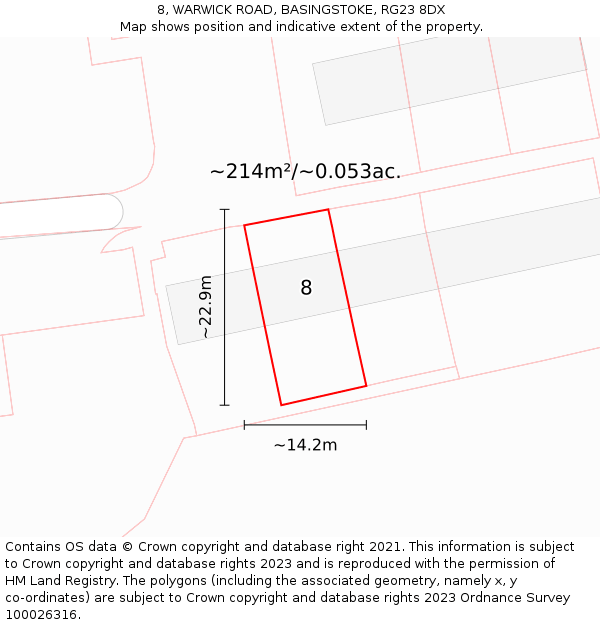 8, WARWICK ROAD, BASINGSTOKE, RG23 8DX: Plot and title map