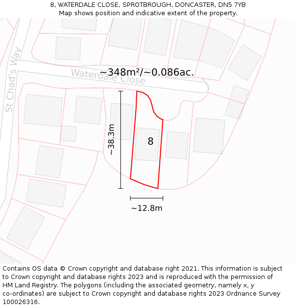 8, WATERDALE CLOSE, SPROTBROUGH, DONCASTER, DN5 7YB: Plot and title map