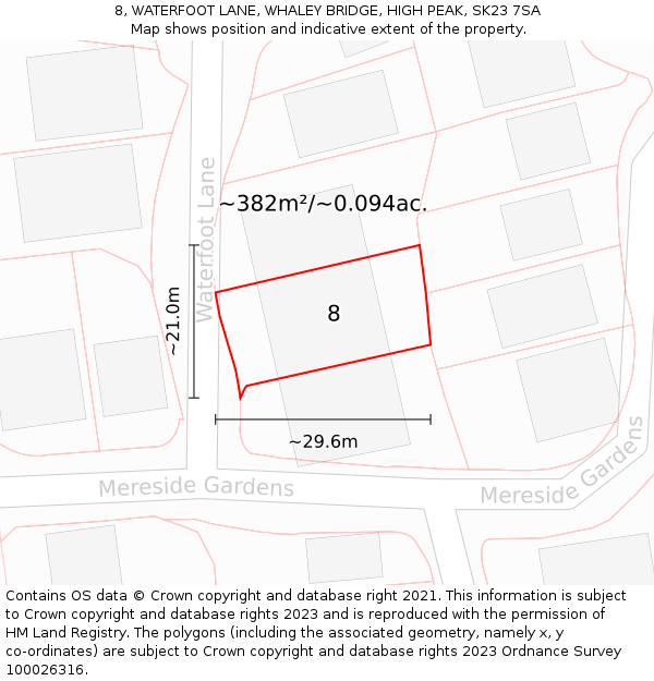 8, WATERFOOT LANE, WHALEY BRIDGE, HIGH PEAK, SK23 7SA: Plot and title map
