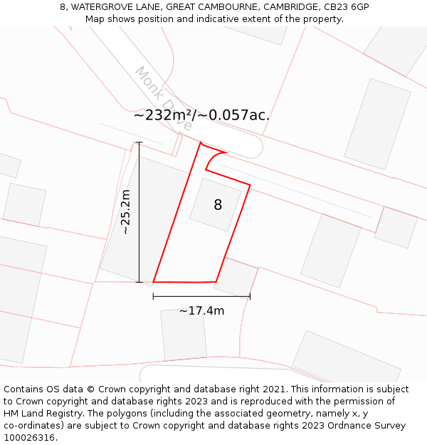8, WATERGROVE LANE, GREAT CAMBOURNE, CAMBRIDGE, CB23 6GP: Plot and title map