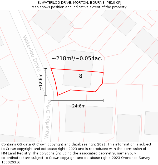 8, WATERLOO DRIVE, MORTON, BOURNE, PE10 0PJ: Plot and title map