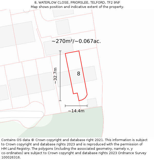 8, WATERLOW CLOSE, PRIORSLEE, TELFORD, TF2 9NF: Plot and title map