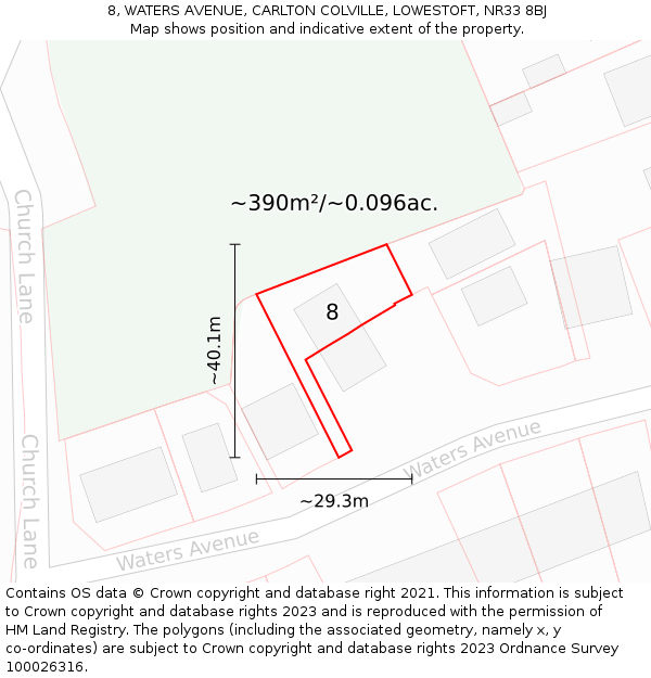 8, WATERS AVENUE, CARLTON COLVILLE, LOWESTOFT, NR33 8BJ: Plot and title map
