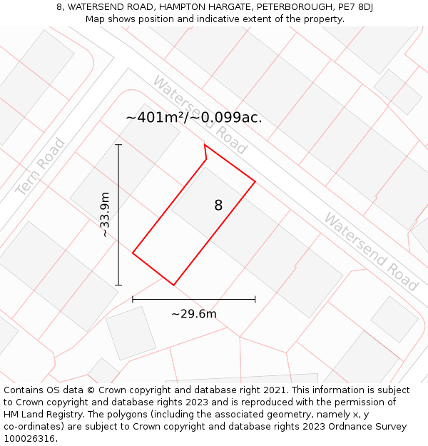 8, WATERSEND ROAD, HAMPTON HARGATE, PETERBOROUGH, PE7 8DJ: Plot and title map