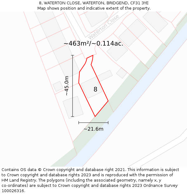 8, WATERTON CLOSE, WATERTON, BRIDGEND, CF31 3YE: Plot and title map