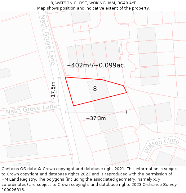 8, WATSON CLOSE, WOKINGHAM, RG40 4YF: Plot and title map
