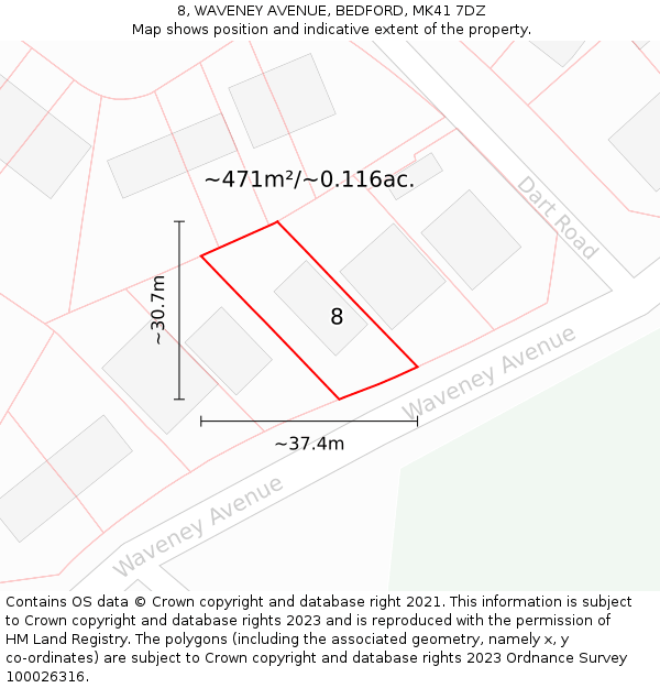 8, WAVENEY AVENUE, BEDFORD, MK41 7DZ: Plot and title map