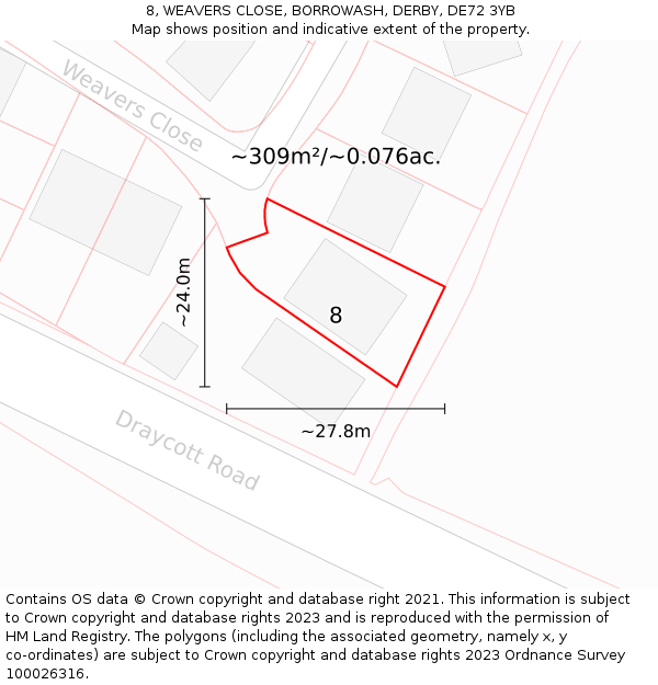 8, WEAVERS CLOSE, BORROWASH, DERBY, DE72 3YB: Plot and title map