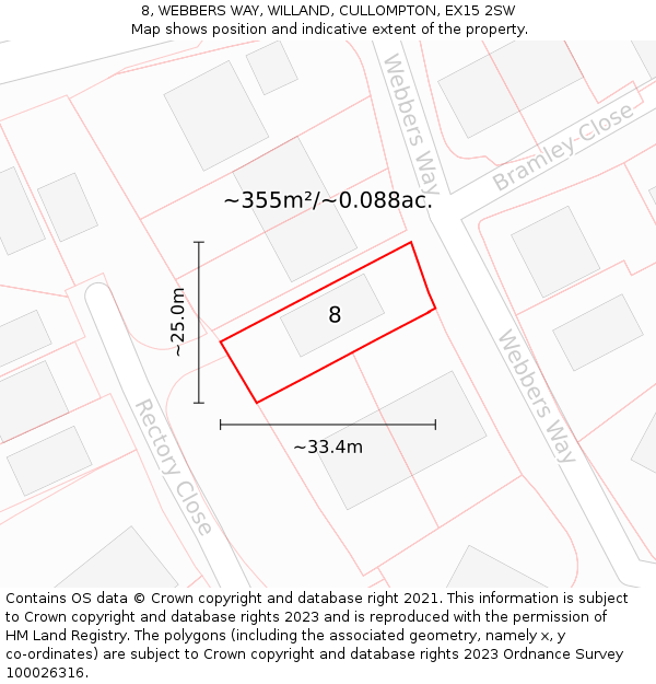 8, WEBBERS WAY, WILLAND, CULLOMPTON, EX15 2SW: Plot and title map