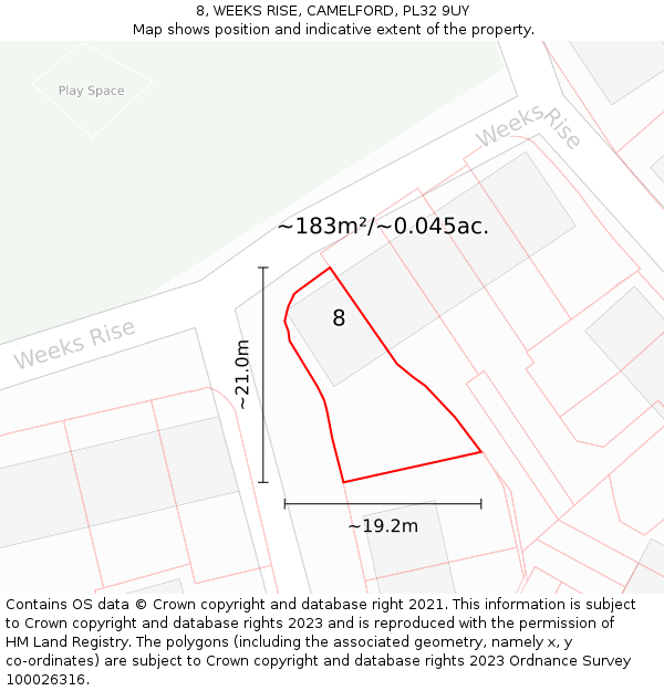 8, WEEKS RISE, CAMELFORD, PL32 9UY: Plot and title map