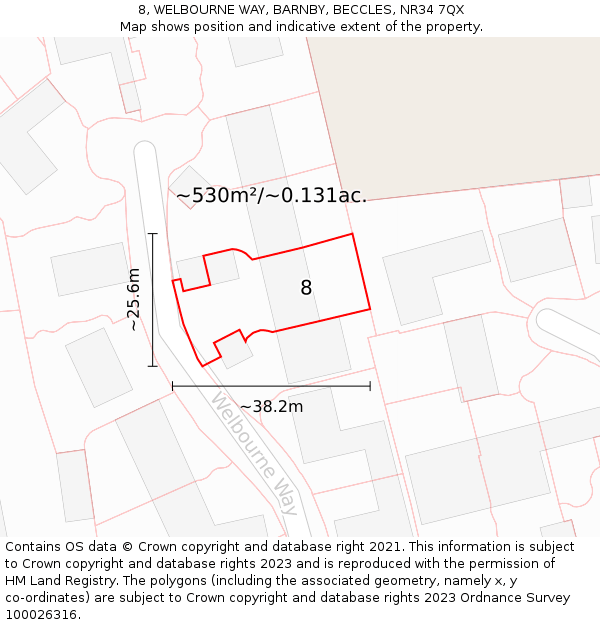 8, WELBOURNE WAY, BARNBY, BECCLES, NR34 7QX: Plot and title map