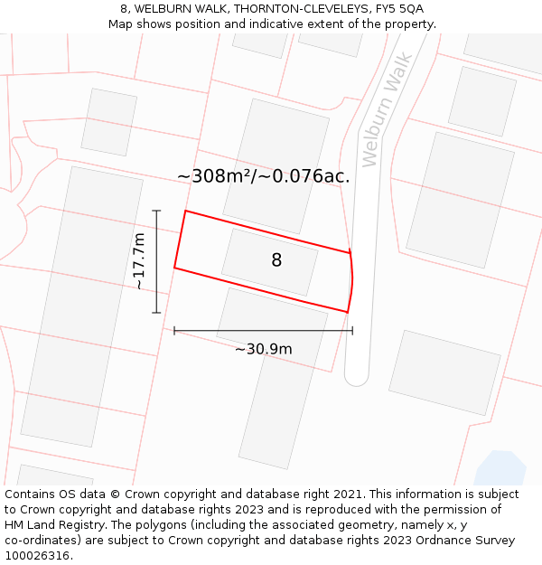 8, WELBURN WALK, THORNTON-CLEVELEYS, FY5 5QA: Plot and title map