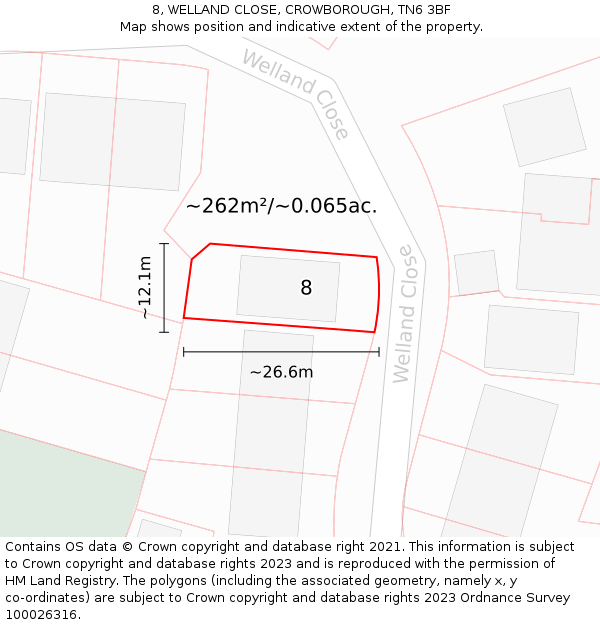8, WELLAND CLOSE, CROWBOROUGH, TN6 3BF: Plot and title map