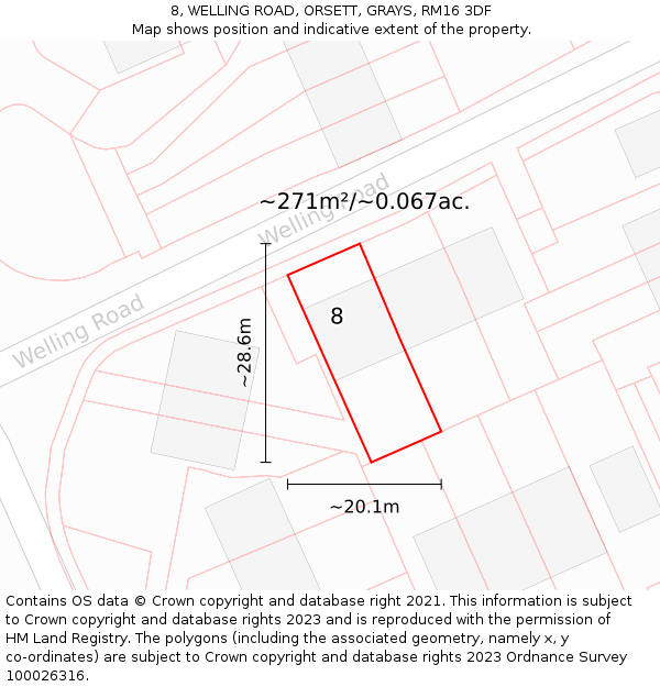 8, WELLING ROAD, ORSETT, GRAYS, RM16 3DF: Plot and title map