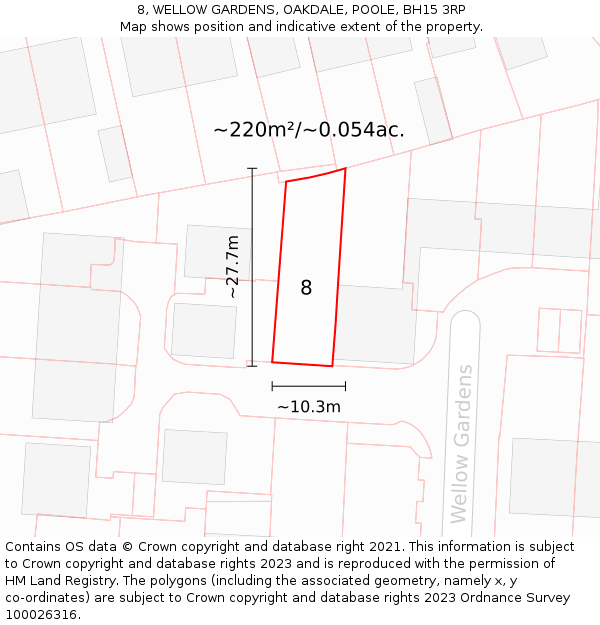 8, WELLOW GARDENS, OAKDALE, POOLE, BH15 3RP: Plot and title map