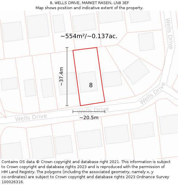 8, WELLS DRIVE, MARKET RASEN, LN8 3EF: Plot and title map