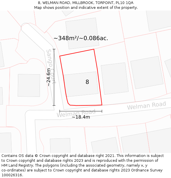 8, WELMAN ROAD, MILLBROOK, TORPOINT, PL10 1QA: Plot and title map