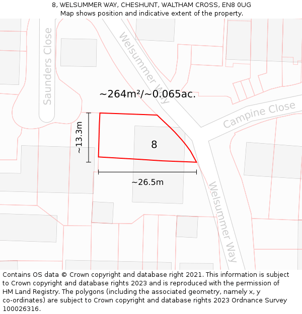 8, WELSUMMER WAY, CHESHUNT, WALTHAM CROSS, EN8 0UG: Plot and title map