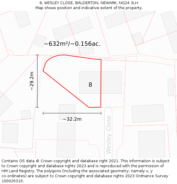 8, WESLEY CLOSE, BALDERTON, NEWARK, NG24 3LH: Plot and title map