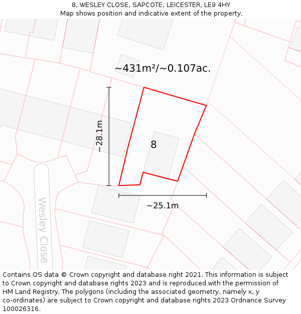 8, WESLEY CLOSE, SAPCOTE, LEICESTER, LE9 4HY: Plot and title map