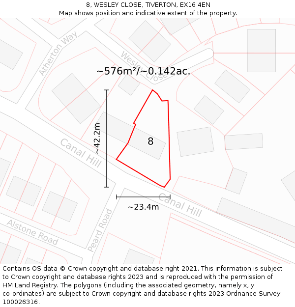 8, WESLEY CLOSE, TIVERTON, EX16 4EN: Plot and title map