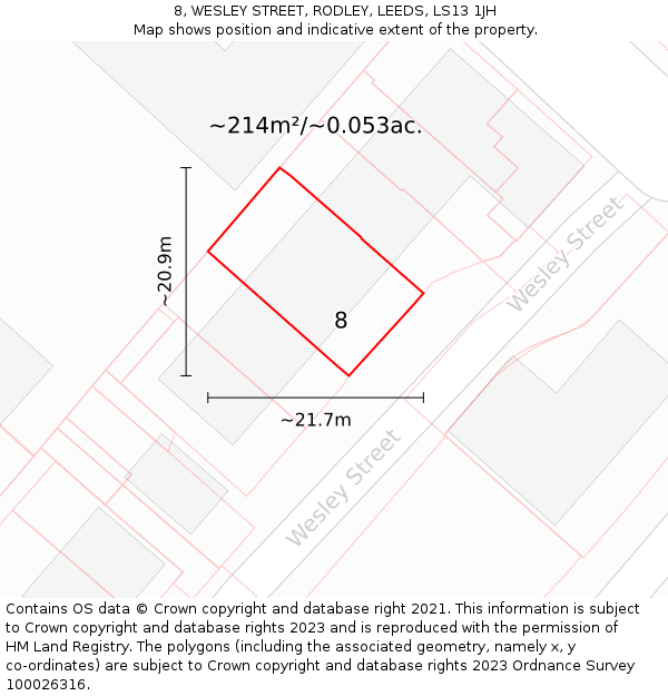 8, WESLEY STREET, RODLEY, LEEDS, LS13 1JH: Plot and title map