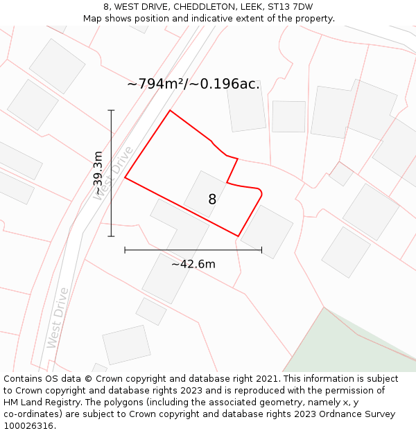 8, WEST DRIVE, CHEDDLETON, LEEK, ST13 7DW: Plot and title map
