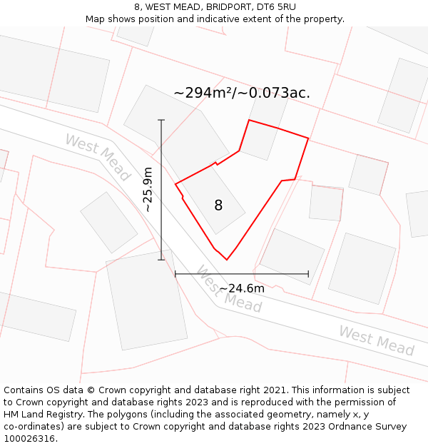 8, WEST MEAD, BRIDPORT, DT6 5RU: Plot and title map