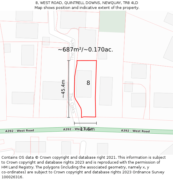 8, WEST ROAD, QUINTRELL DOWNS, NEWQUAY, TR8 4LD: Plot and title map