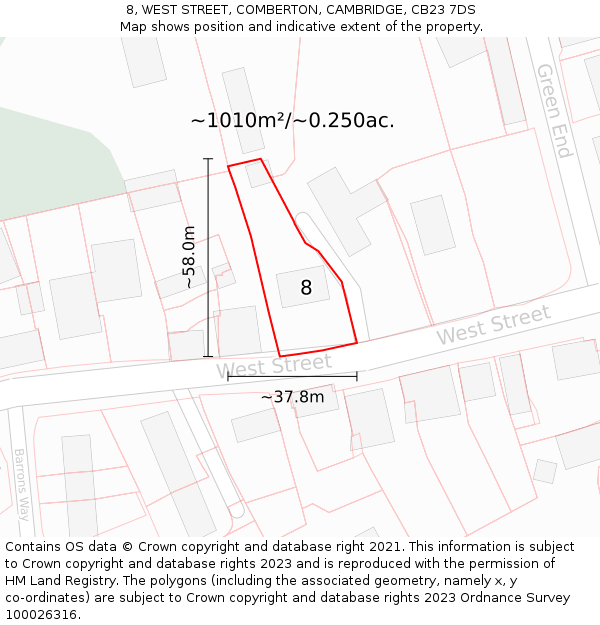 8, WEST STREET, COMBERTON, CAMBRIDGE, CB23 7DS: Plot and title map