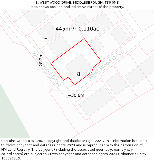 8, WEST WOOD DRIVE, MIDDLESBROUGH, TS6 0NB: Plot and title map