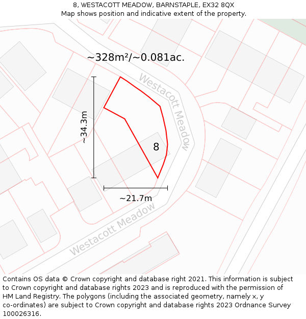 8, WESTACOTT MEADOW, BARNSTAPLE, EX32 8QX: Plot and title map